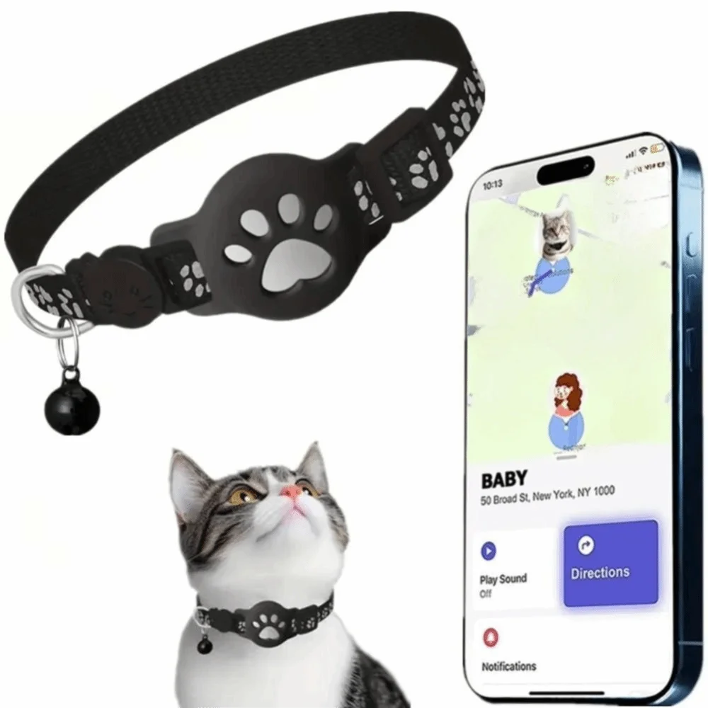 A black reflective breakaway cat collar with an AirTag holder is shown next to a smartphone displaying navigation directions.