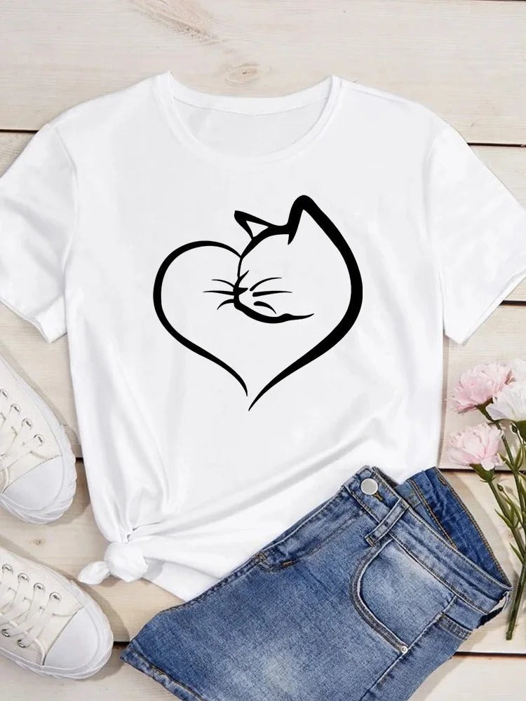 Women Kawaii Cats Print Summer Cartoon T Shirt