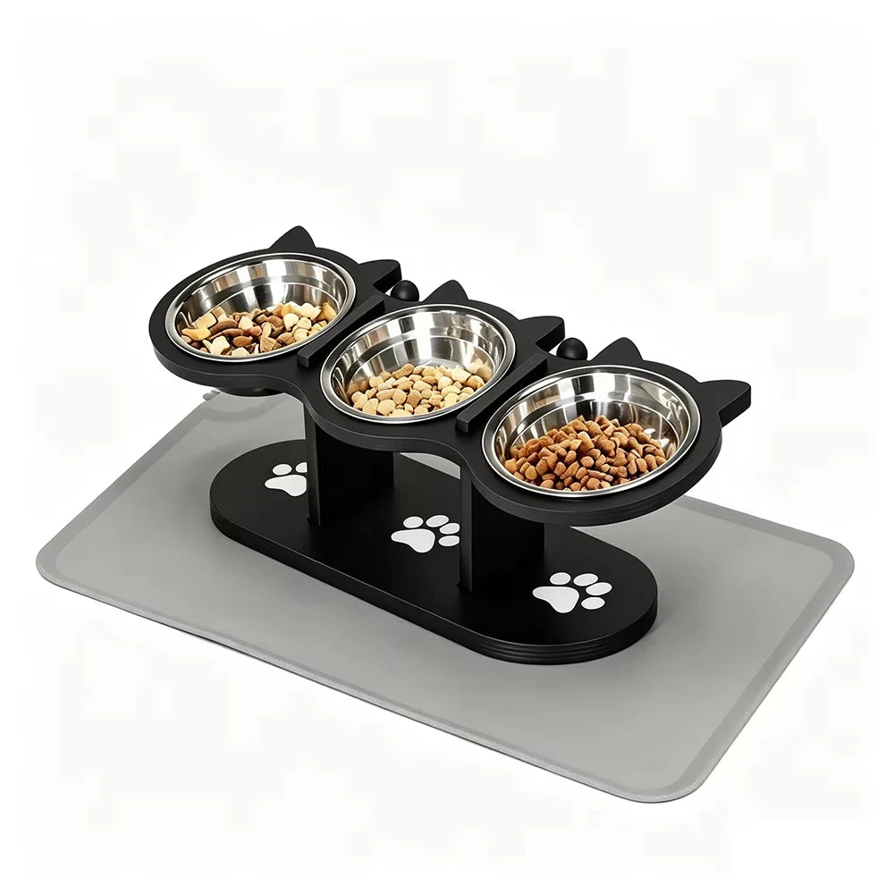 Elevated Cat Bowls with Silicone Mat - 15° Tilted Wooden Stand