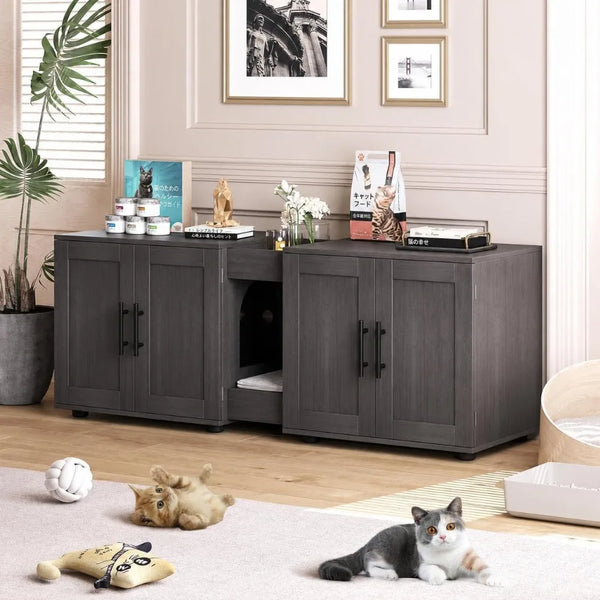 A dark gray wooden storage cabinet designed as a litter box enclosure for two cats, placed on a light wood floor.