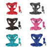 A collection of dog harnesses and leashes in red, gray, brown, pink, blue, and cyan colors.