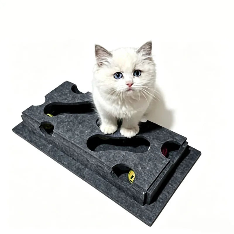 A fluffy white cat looking at an interactive puzzle toy box with maze tunnels and a bell ball.