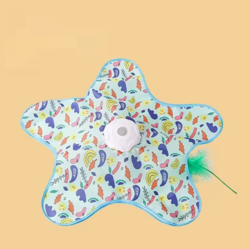 A light blue, star-shaped interactive hide and seek cat toy with colorful patterns on a beige background.