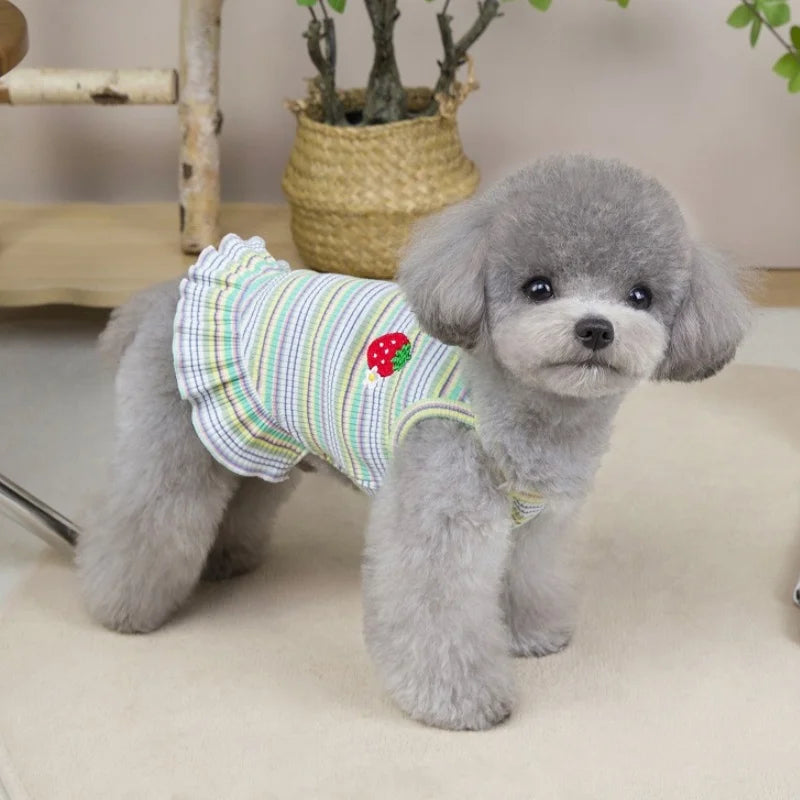 Summer Suspender Dog Dress - Striped Strawberry Print