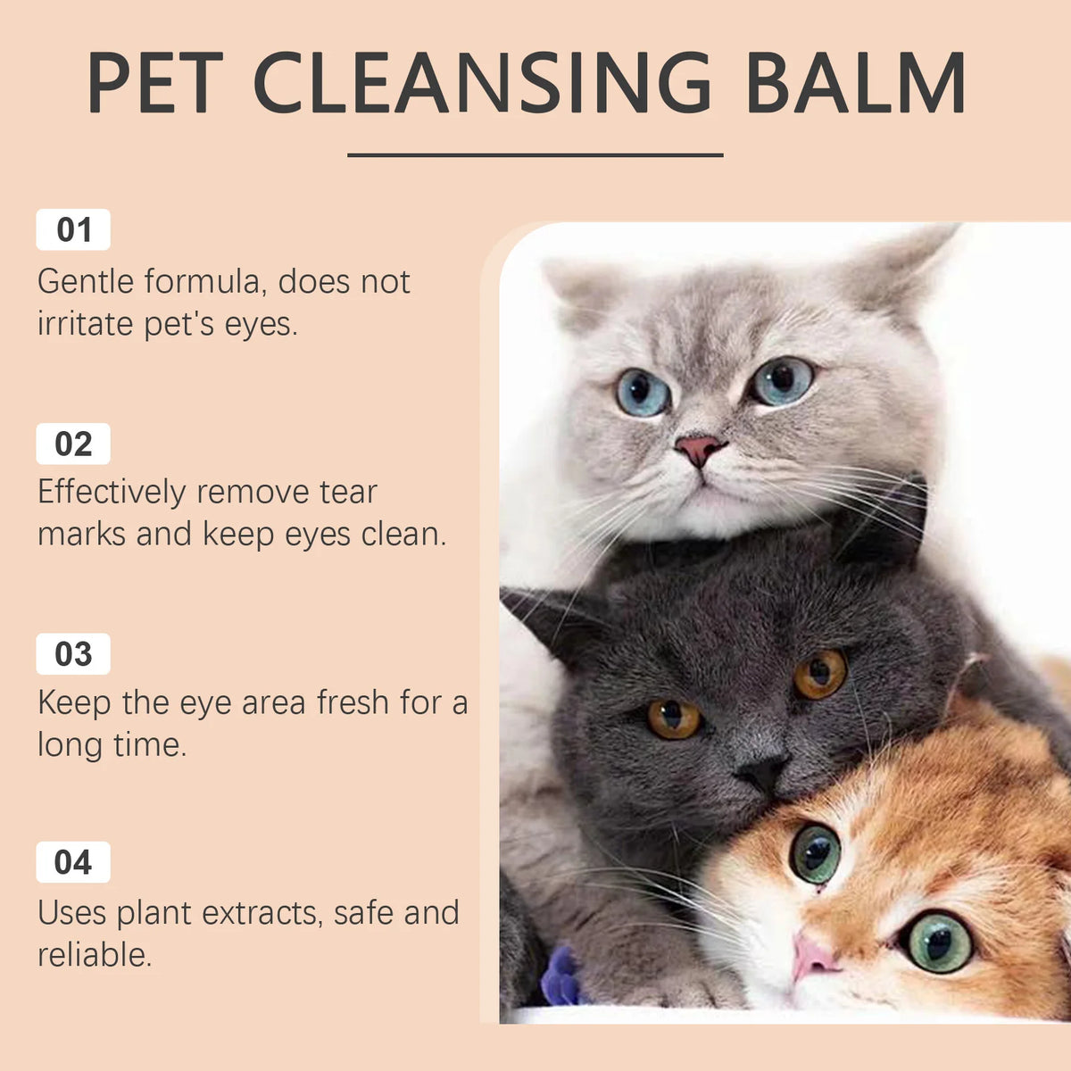 A close-up photo of three cats looking at the camera, with a tube of pet cleansing balm in the background.