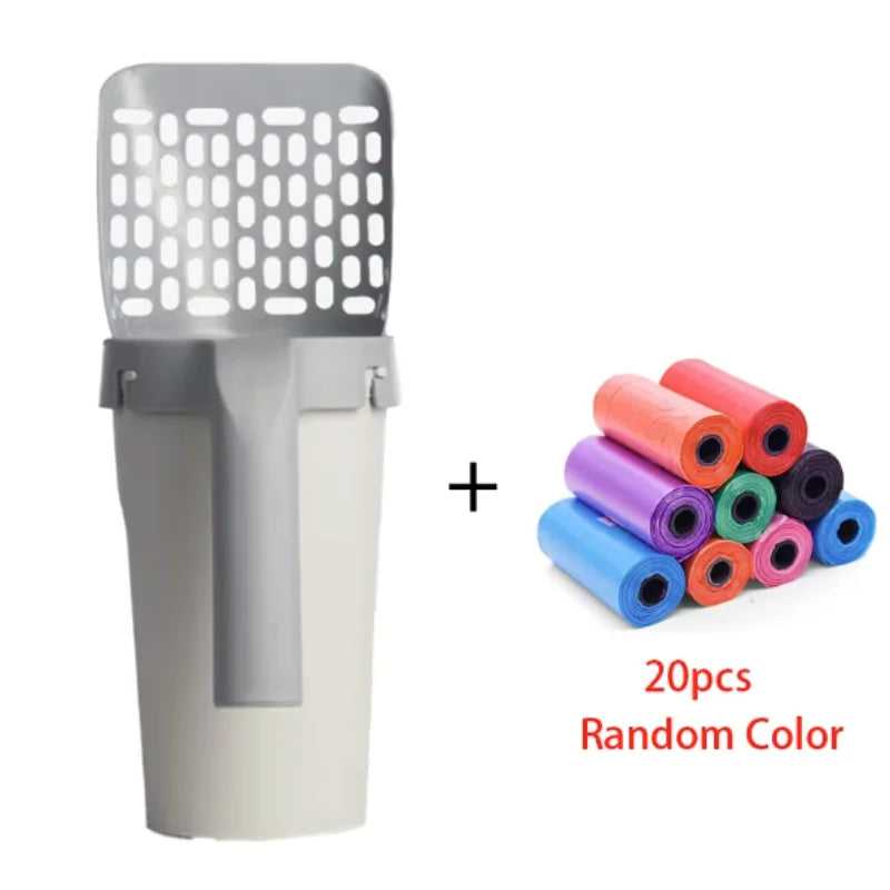 A plastic cat litter scoop with a mesh filter and a cylindrical filter insert, shown next to 20 rolls of random colored filte