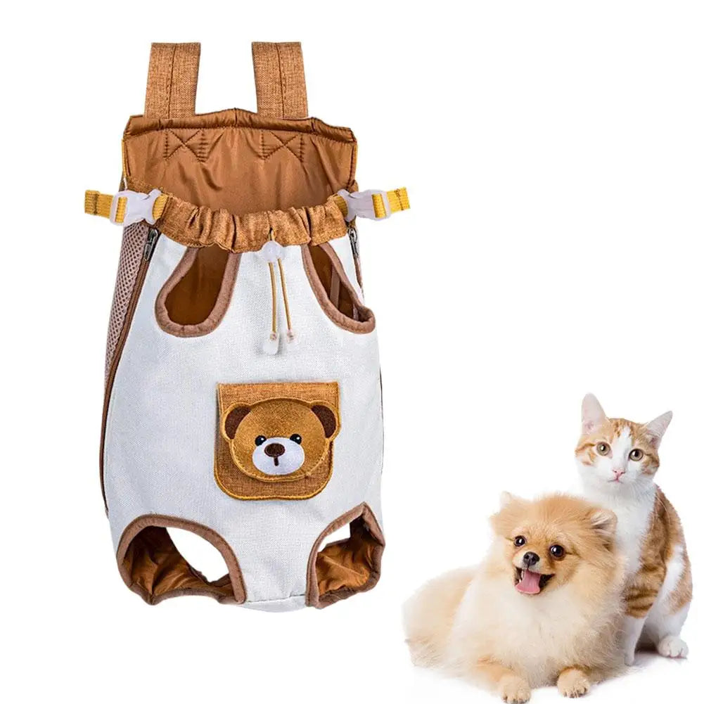 A beige and white breathable cat carrier backpack with a safety leash and bear design.