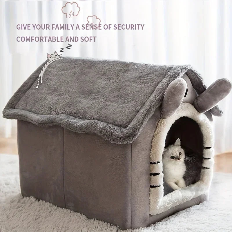 A gray foldable pet house with a removable fluffy cover, featuring an entrance for a cat.