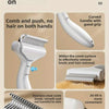 A white grooming brush with a curved handle and a stainless steel comb blade shown in various angles.