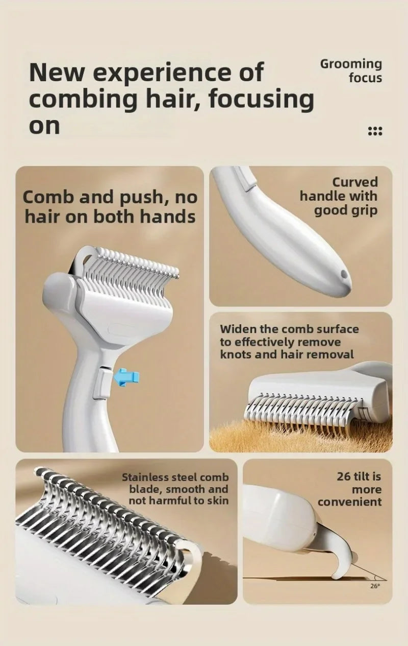 A white grooming brush with a curved handle and a stainless steel comb blade shown in various angles.