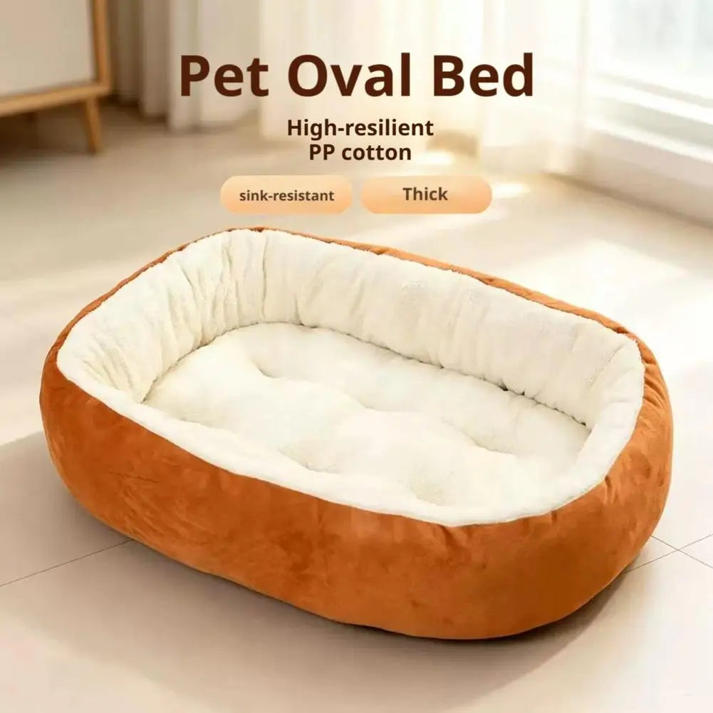 A plush, oval pet bed in a warm brown color with a white rim, made from high-resilient PP cotton.