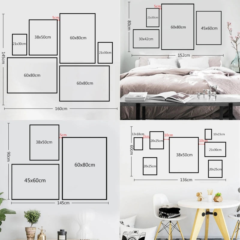 A set of abstract Arabic calligraphy horse canvas wall art displayed with various size options and a bed setting.