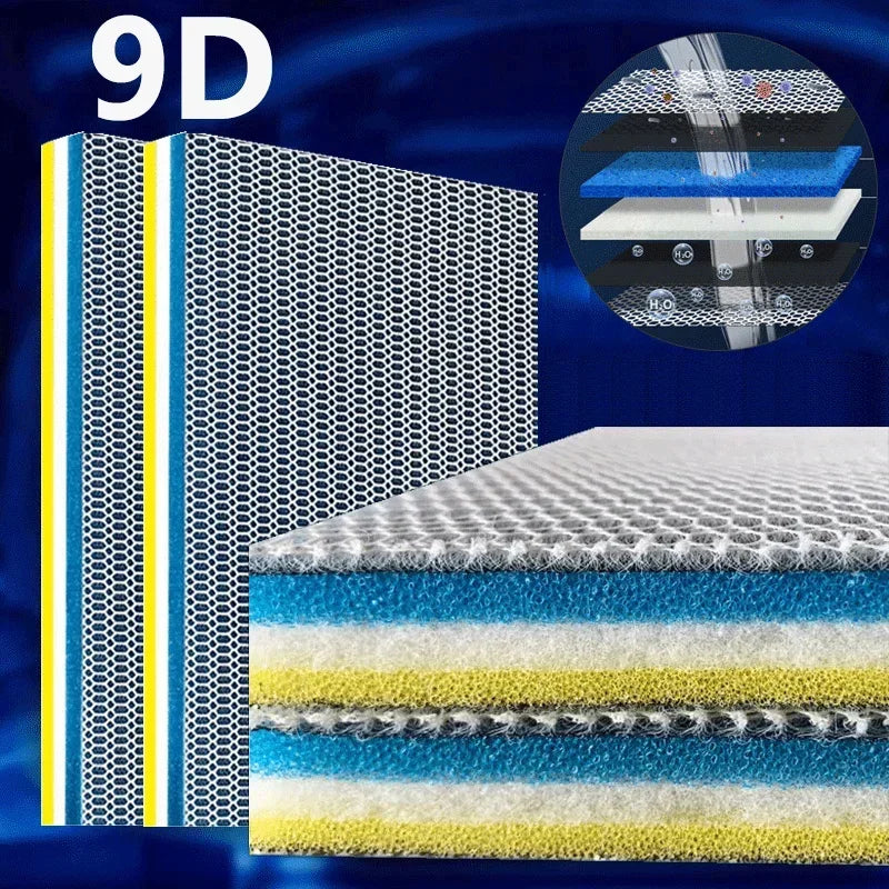 Cross-section view of 9D aquarium sponge filter media showing layered blue, white, and yellow materials.