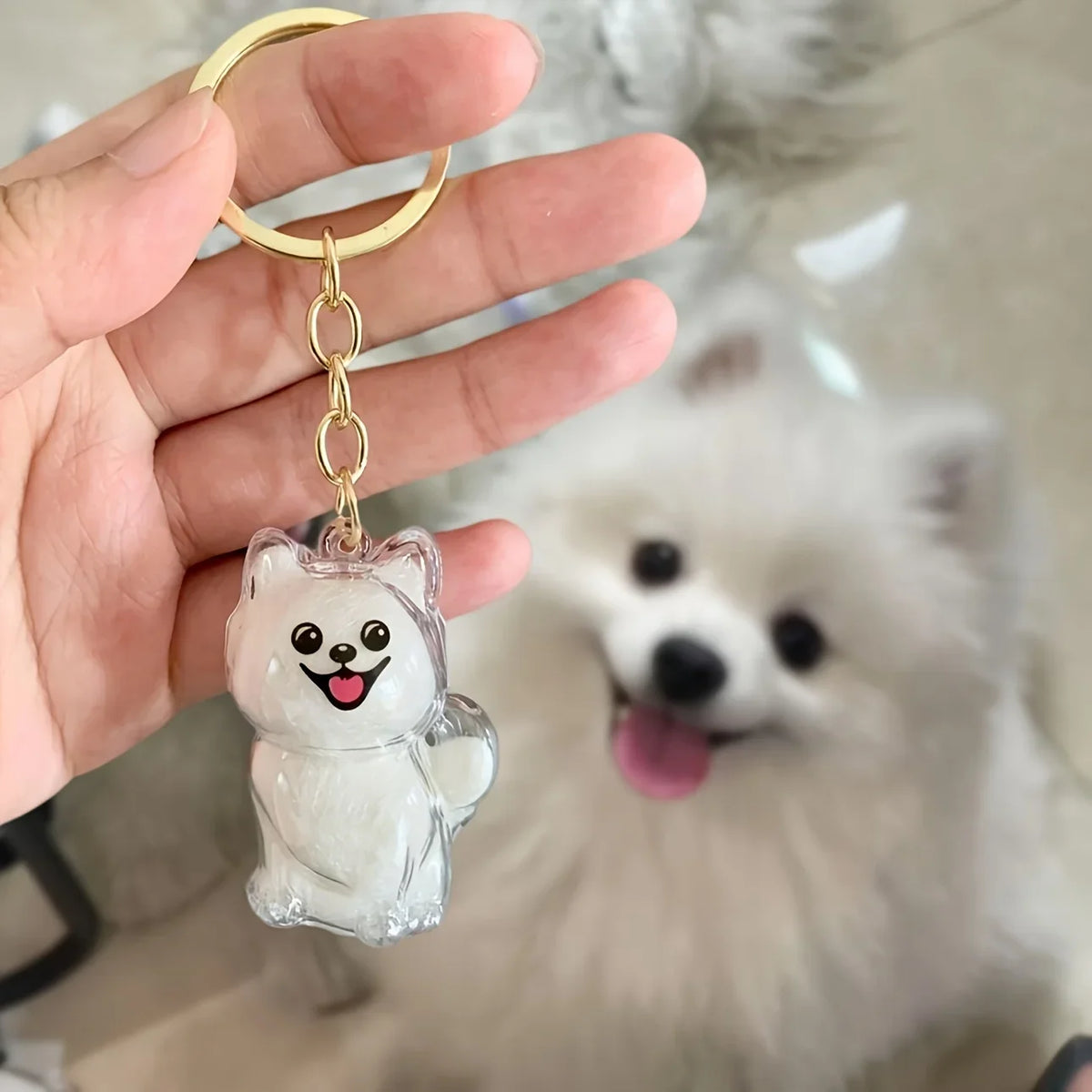 A hand holds a transparent pet hair storage keychain featuring a cute white cat design.