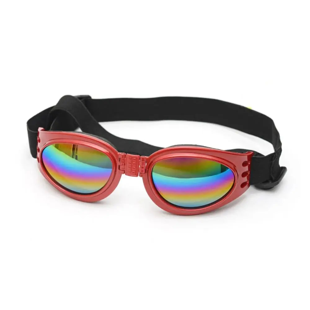 A pair of red-tinted pet sunglasses with orange frames and black arms.