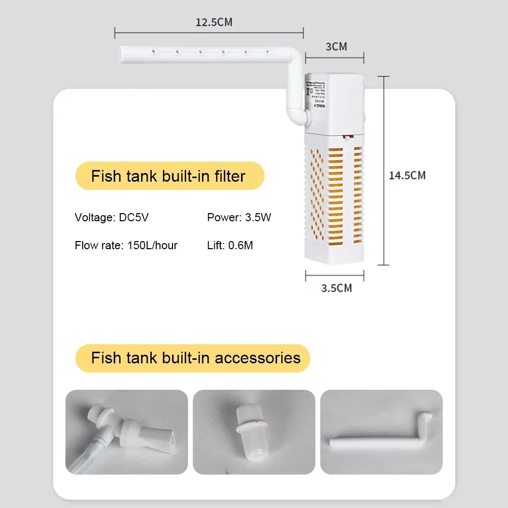 Filtro de acuario sumergible blanco con tubo largo y accesorios, junto a sus dimensiones.