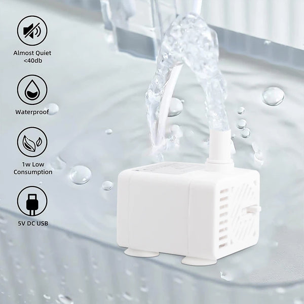 A white USB pump is shown dispensing water into a fountain, with features like quiet operation and waterproof design.