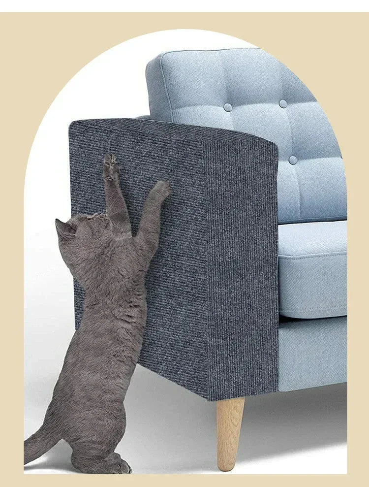 Un chat gris se tient à côté d'un tapis rembourré rectangulaire conçu comme protecteur anti-griffure auto-adhésif pour chats.