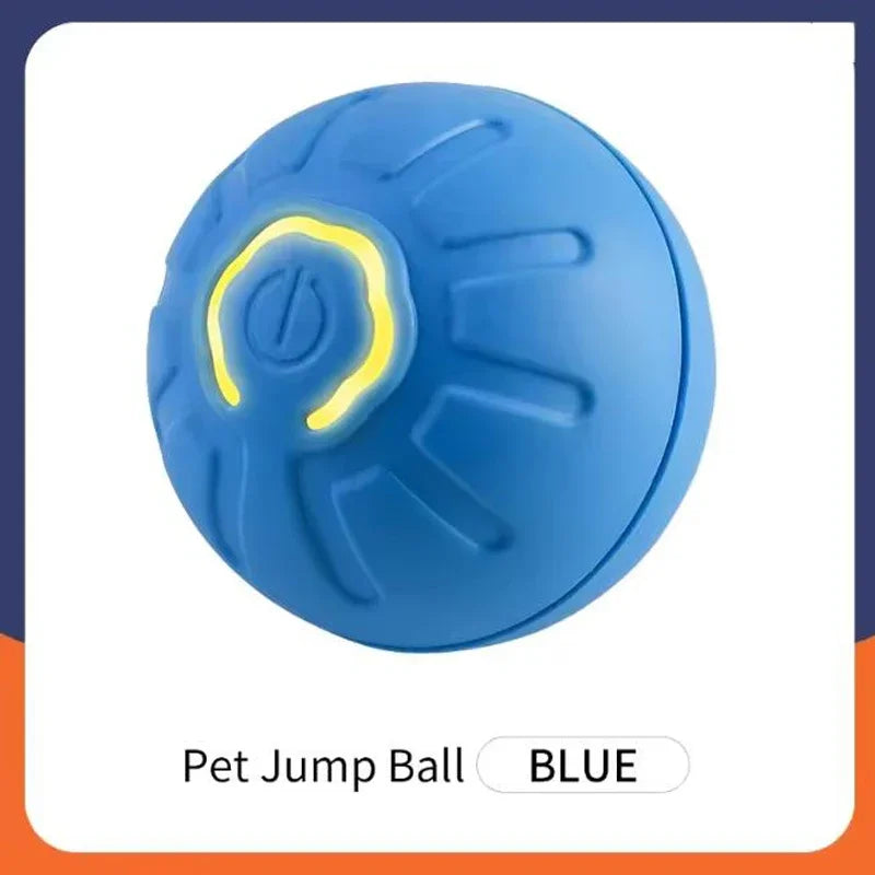 A blue pet jump ball toy with a glowing yellow light on top.