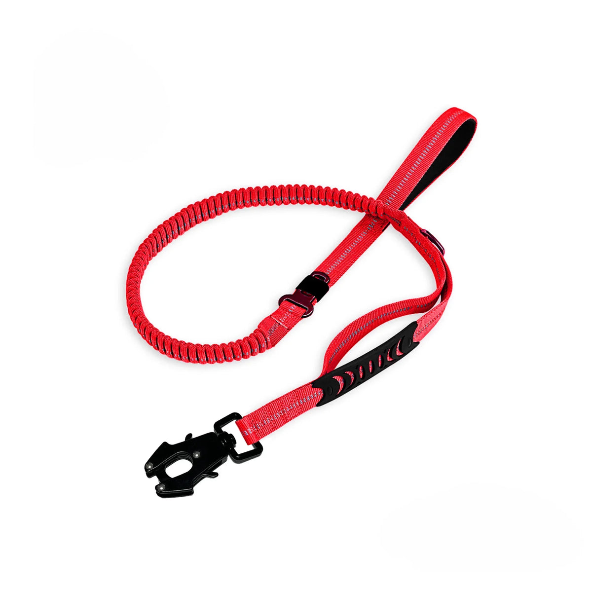 A heavy duty reflective dog leash in red with padded handles and traffic control features.