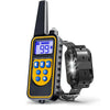 A black remote control dog training collar with a yellow display showing 99% battery life.