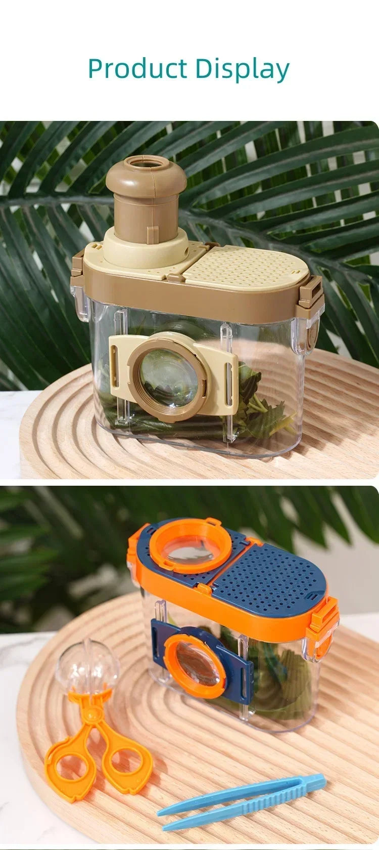 Una caja de observación de insectos de plástico transparente con lentes de aumento amarillas y azules, mostrada sobre una sup