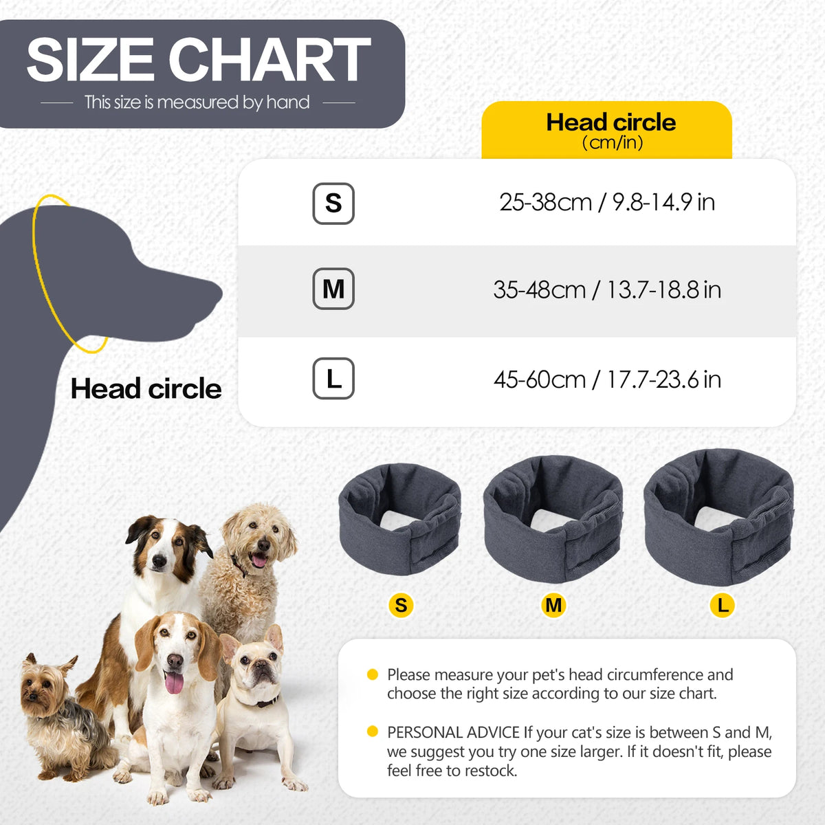 Size chart showing measurements for small, medium, and large dog head circles.