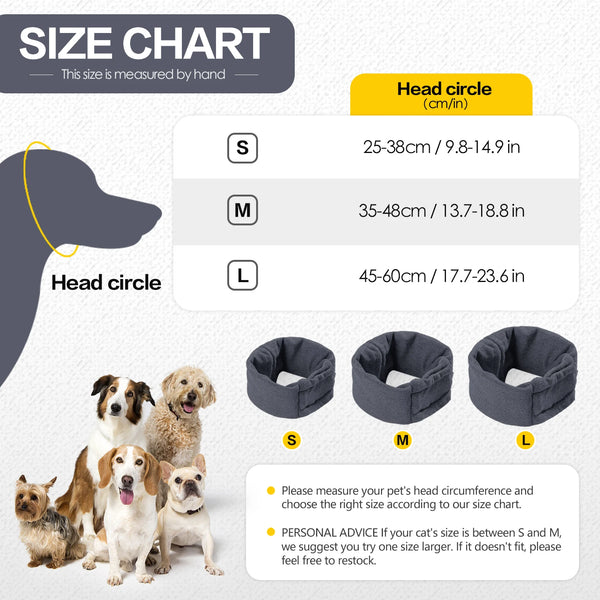 Größentabelle mit Maßen für kleine, mittlere und große Hundeköpfe.