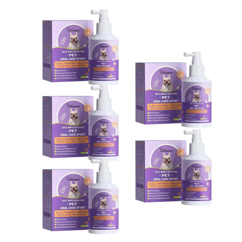 Pack of five bottles of Natural Pet Oral Care Spray for dogs and cats with labels and boxes