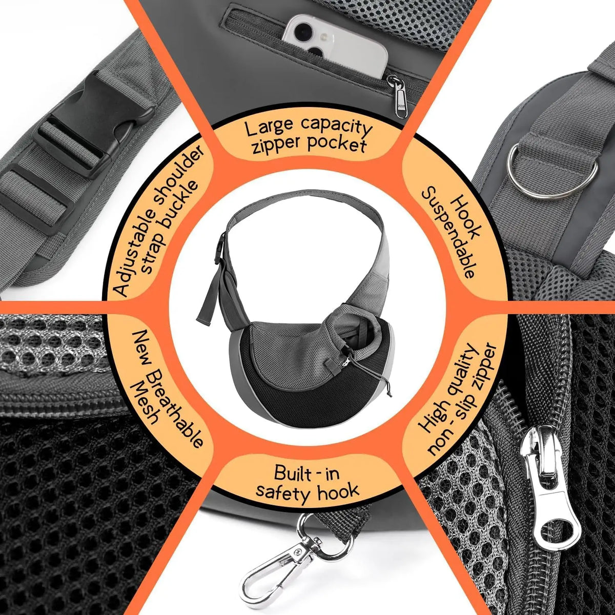 A diagram showing features of a hands-free pet sling carrier including a zipper pocket, adjustable strap, and hook.