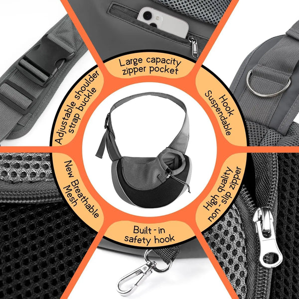 A diagram showing features of a hands-free pet sling carrier including a zipper pocket, adjustable strap, and hook.