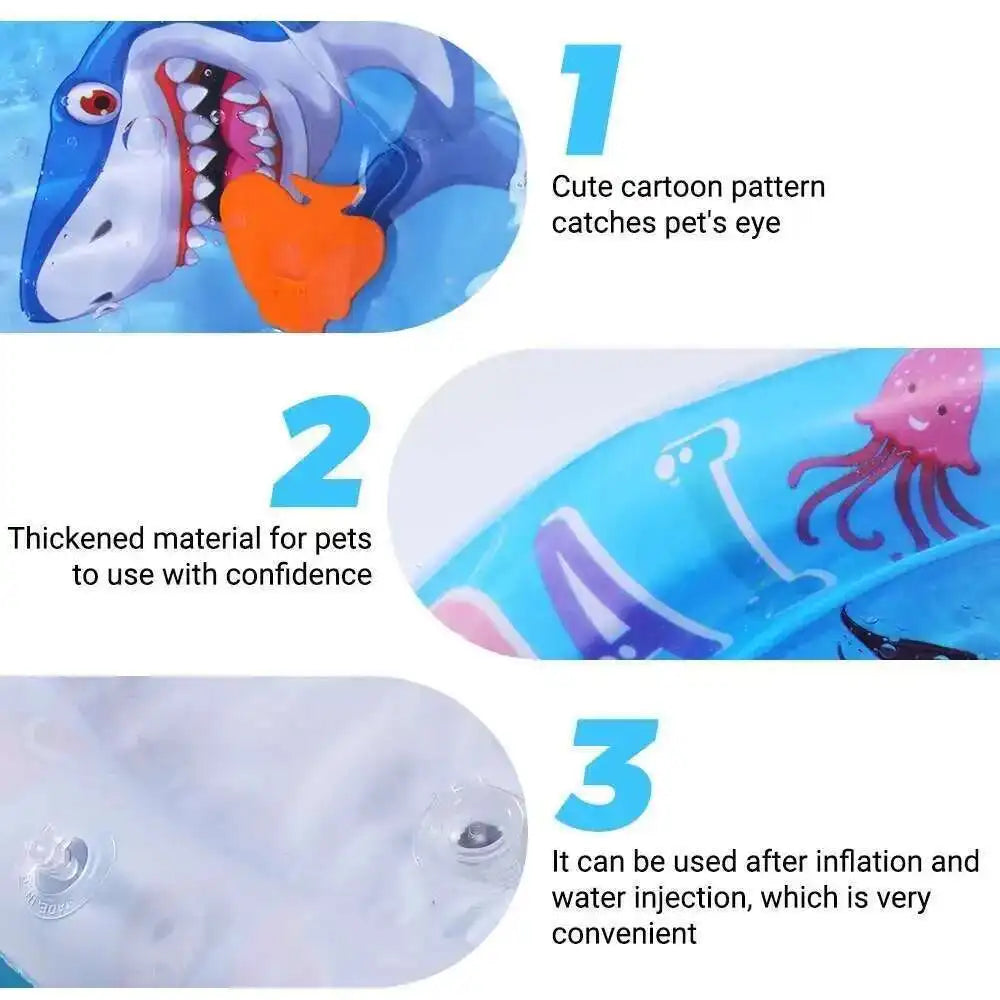 Three steps showing the features of an interactive sensory water play mat for pets, including a cute pattern, thickened mater