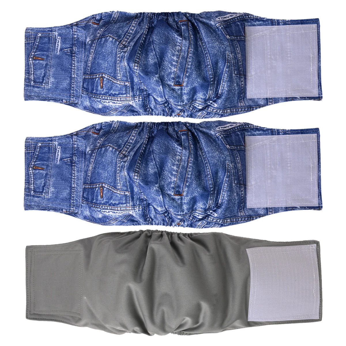 Three washable blue denim dog belly bands for male dogs with white absorbent pads