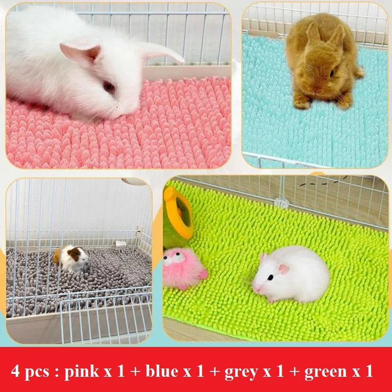 Set of four washable fleece cage liners for small pets in pink, blue, grey, and green colors.