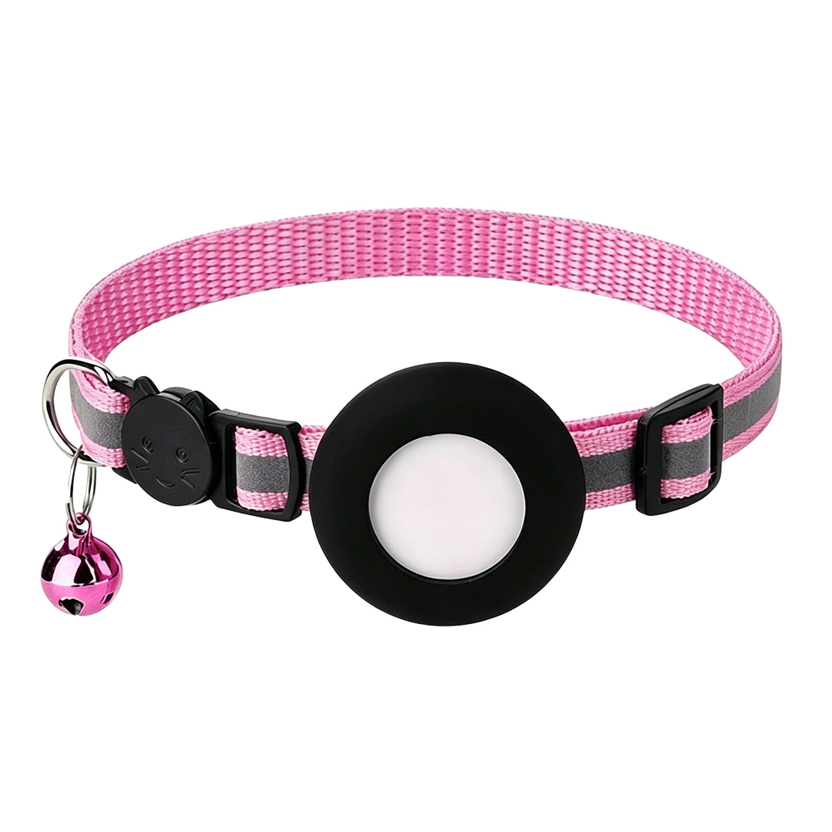 Pink and black patterned breakaway cat collar with a reflective strip and an AirTag holder.
