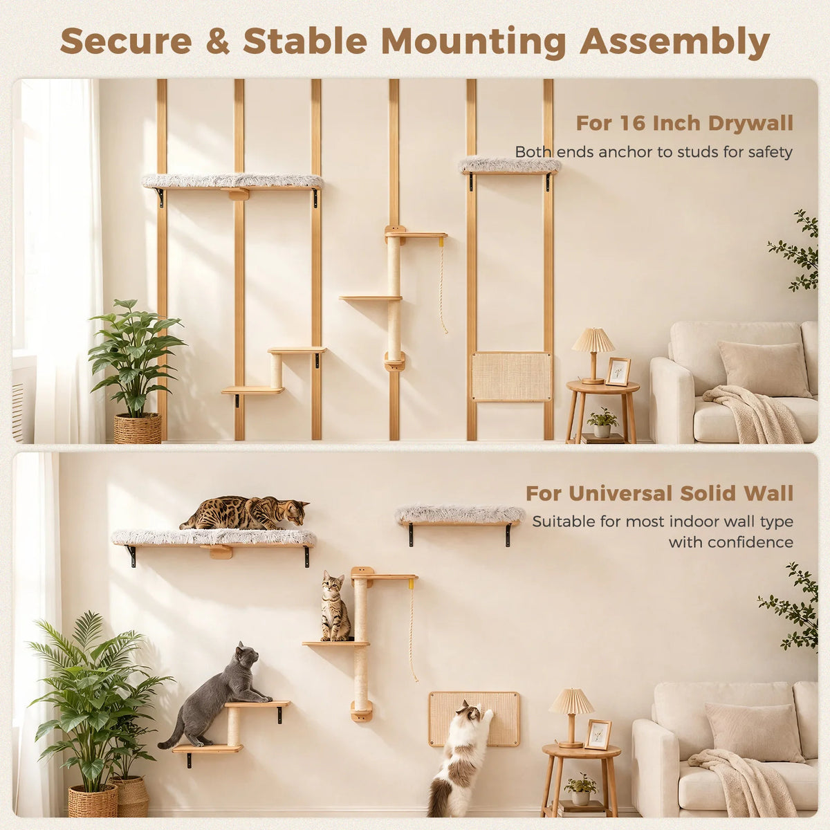 Modular Wall-Mounted Cat Climbing Shelves with Scratching Posts