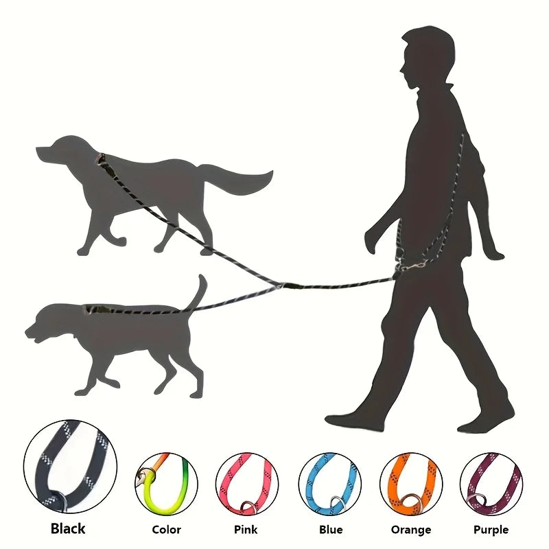 A set of black, colored, pink, blue, orange, and purple hands-free dog leashes is shown with a silhouette of a person and dog