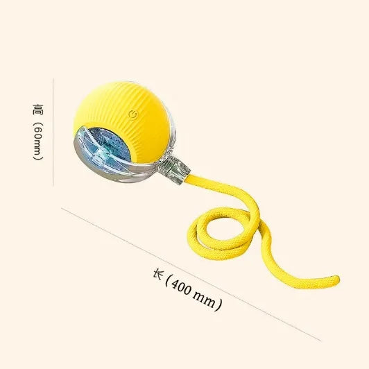 Yellow smart self-rolling cat ball toy with a flexible yellow cord