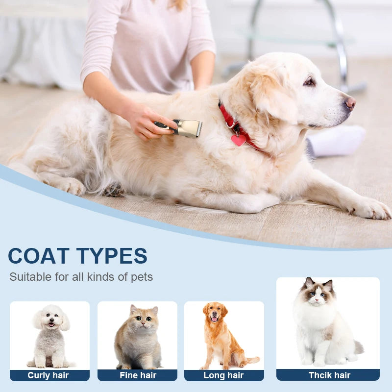 A dog is being groomed with a cordless rechargeable pet grooming clipper, demonstrating its use on various coat types.
