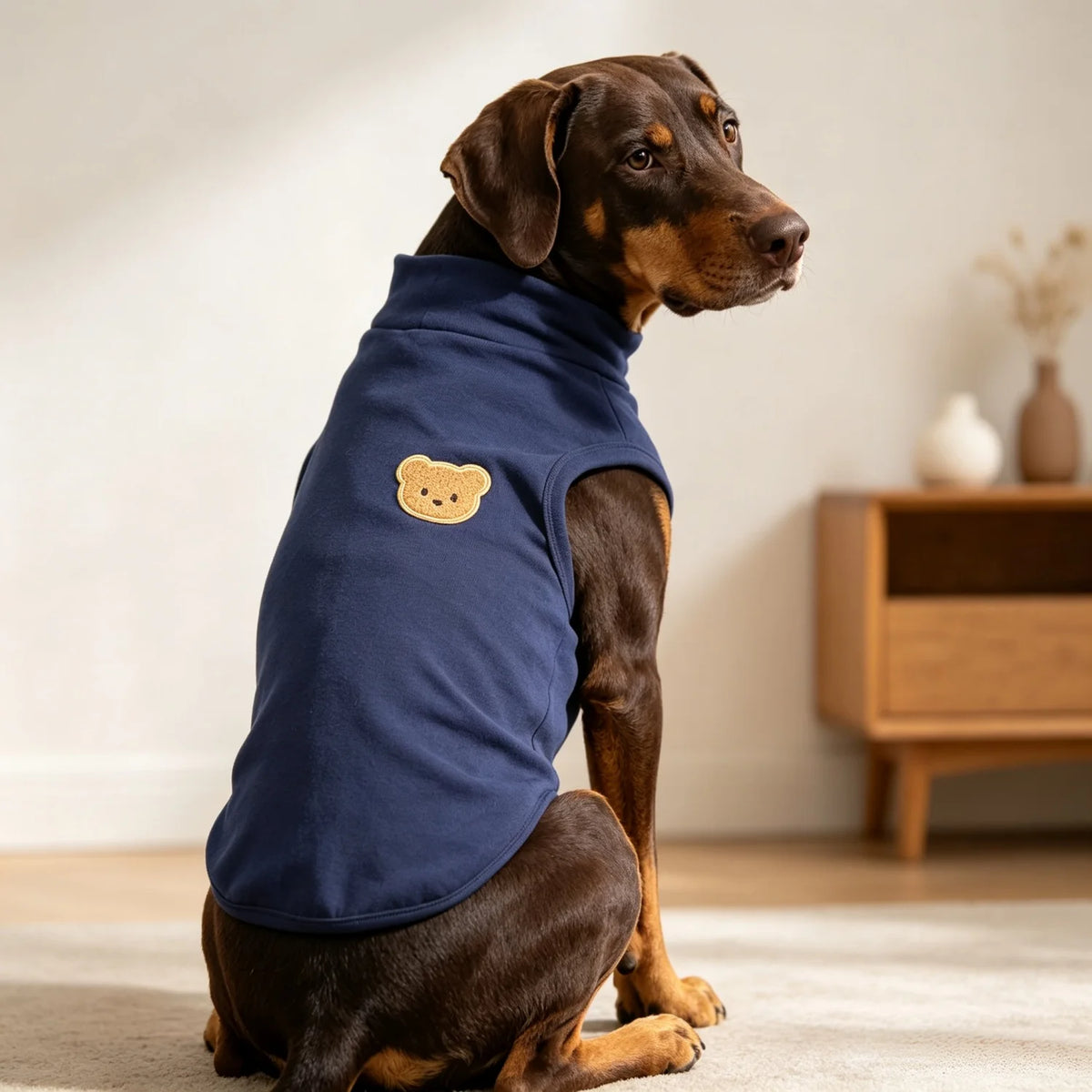 A brown dog wearing a navy blue cozy turtleneck vest with a tan bear patch.