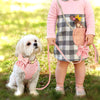 Ein junges Mädchen in rosa Kleid und kariertem Rock hält ein rosa Hundehalteset mit dekorativer Halskette.