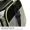 Close-up of a gray pet carrier backpack with black mesh fabric and neon green trim showing a buckle closure.