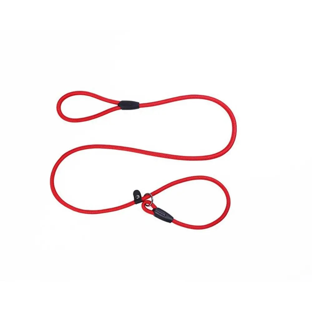 Red adjustable nylon dog slip leash with a black clip.