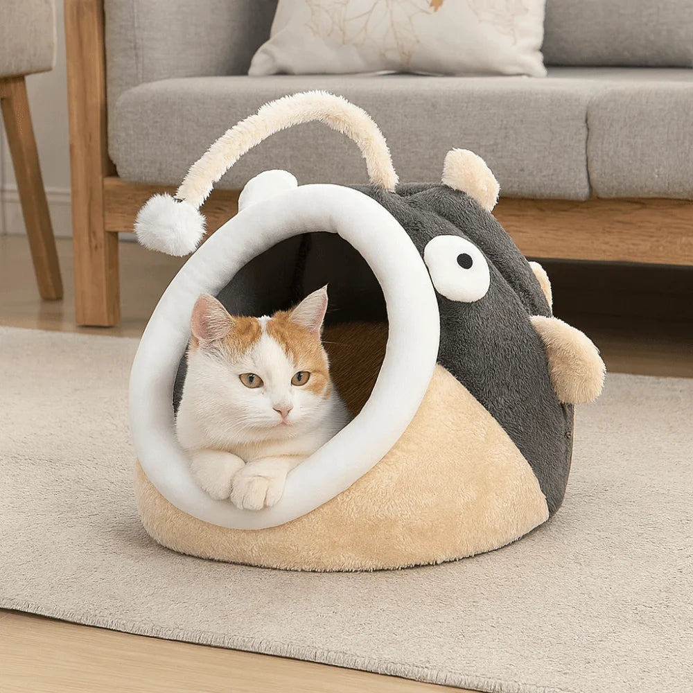 Cozy Cave Cat Bed with Lantern Fish Design