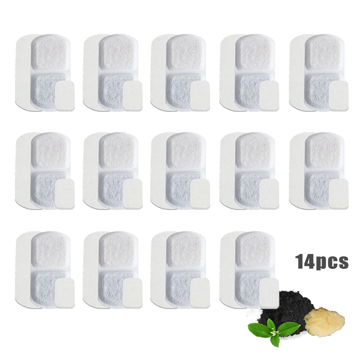 A pack of 14 replacement filters for pet water fountains shown next to black and yellow pet food.