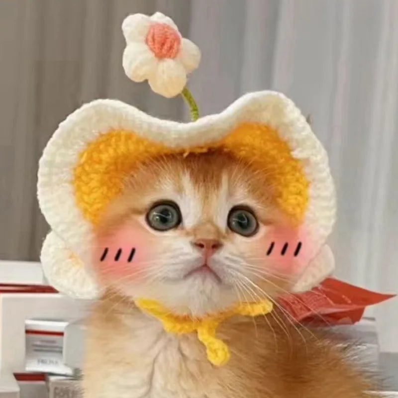 Cute Adjustable Cat Hat with Flowers for Cats and Small Dogs