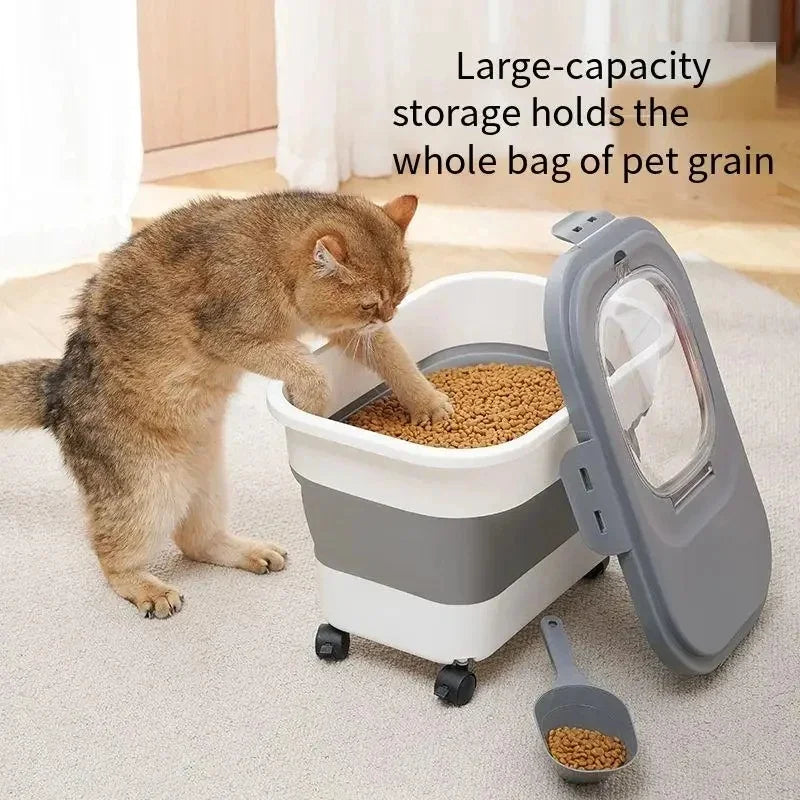 A tabby cat is interacting with a large white storage container filled with pet grain, next to an open gray airtight lid and 