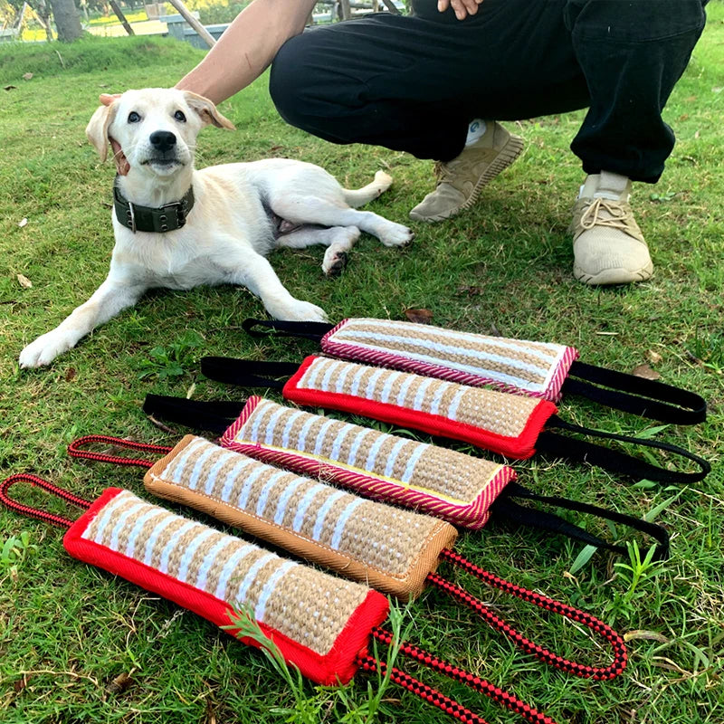 A collection of durable jute tug of war toys for dog training, featuring red and black ropes.