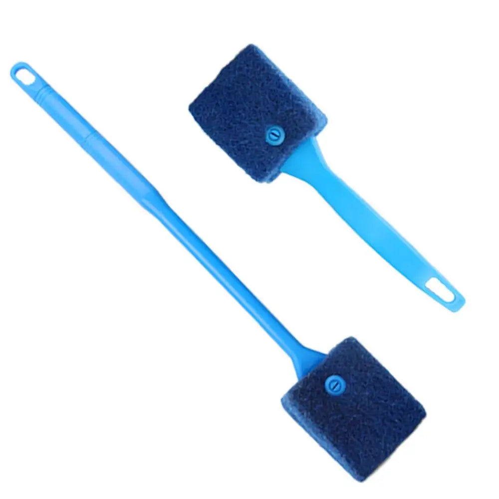 A blue dual-sided aquarium cleaning brush with a bristled head and a long handle.