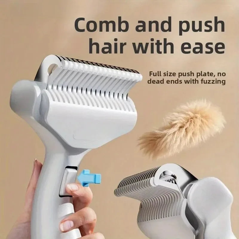 A hand is using a white grooming brush to comb and push hair with ease.